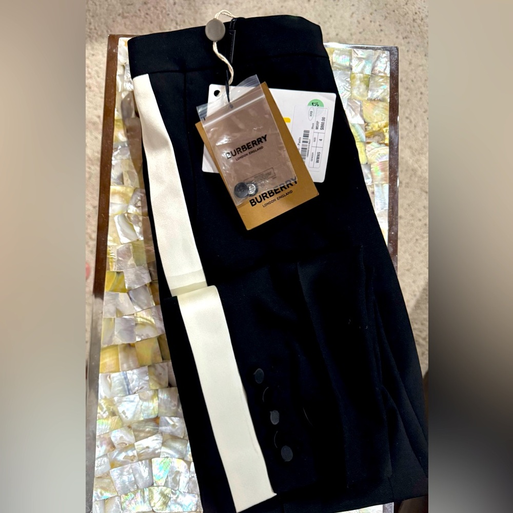 Burberry Black Slacks With White Satin Side Stripe, Button Detailing, $860 MSRP